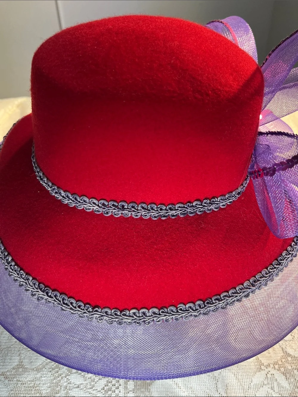 Red and Purple Decorative Women’s Dress Hat 100% wool + accents